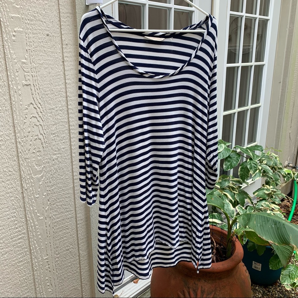 Soft surroundings size large, blue/white striped dress, asymmetrical hem, soft